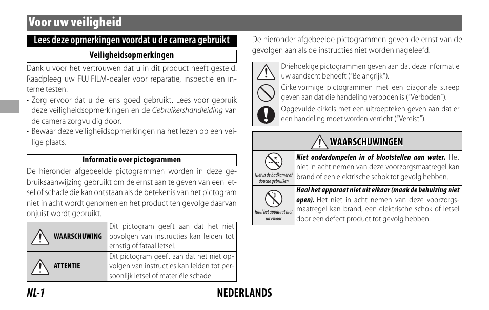 Voor uw veiligheid, Nl-1 nederlands | FujiFilm FUJINON LENS XF18MMF2 R User Manual | Page 36 / 112