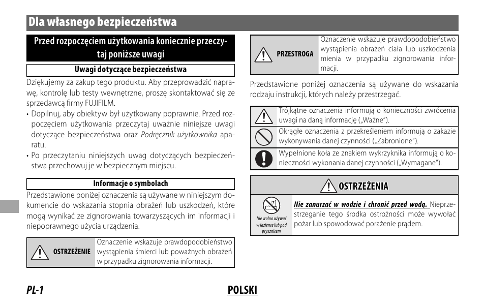 Dla własnego bezpieczeństwa, Pl-1 polski | FujiFilm FUJINON LENS XF18MMF2 R User Manual | Page 78 / 112