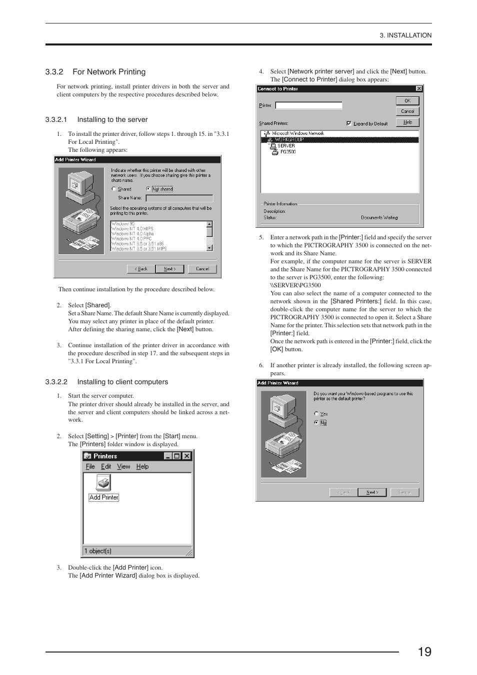 2 for network printing, 1 installing to the server, 2 installing to client computers | FujiFilm PICTOGRAPHY 3500 User Manual | Page 21 / 63