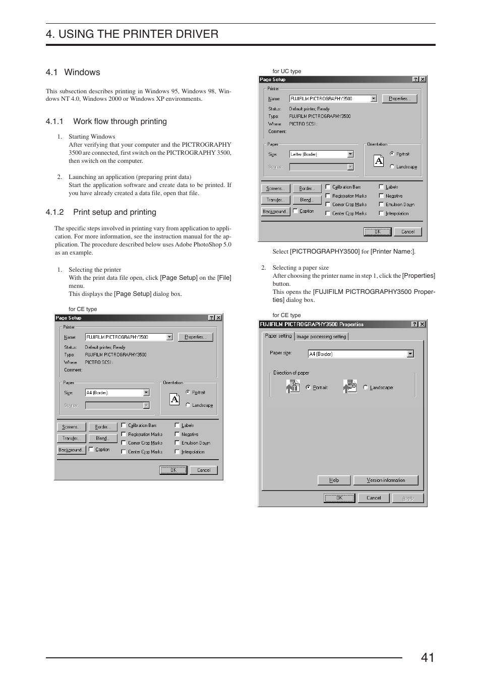 Using the printer driver, 1 windows, 1 work flow through printing | 2 print setup and printing | FujiFilm PICTOGRAPHY 3500 User Manual | Page 43 / 63