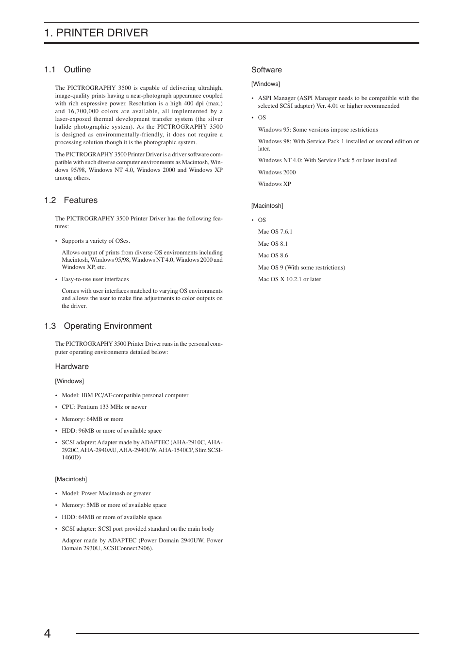 Printer driver, 1 outline, 2 features | 3 operating environment | FujiFilm PICTOGRAPHY 3500 User Manual | Page 6 / 63