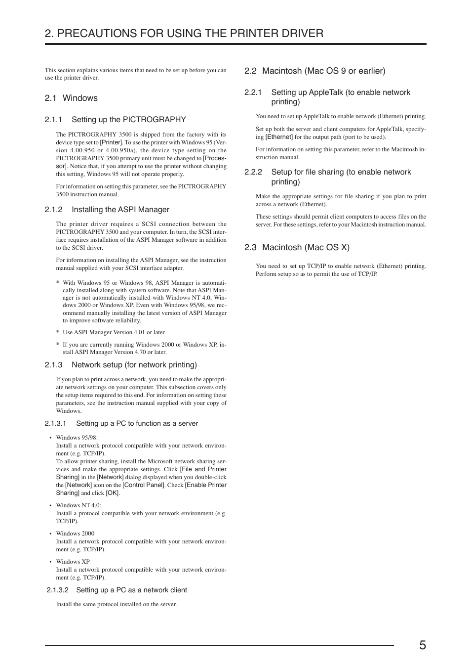 Precautions for using the printer driver, 1 windows, 1 setting up the pictrography | 2 installing the aspi manager, 3 network setup (for network printing), 1 setting up a pc to function as a server, 2 setting up a pc as a network client, 2 macintosh (mac os 9 or earlier), 3 macintosh (mac os x) | FujiFilm PICTOGRAPHY 3500 User Manual | Page 7 / 63