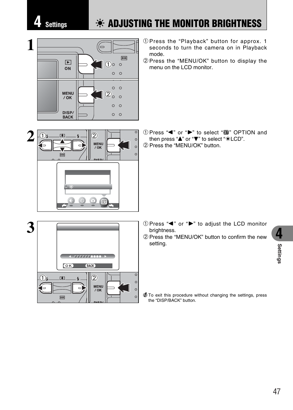 6 adjusting the monitor brightness | FujiFilm FinePix A340 User Manual | Page 48 / 93