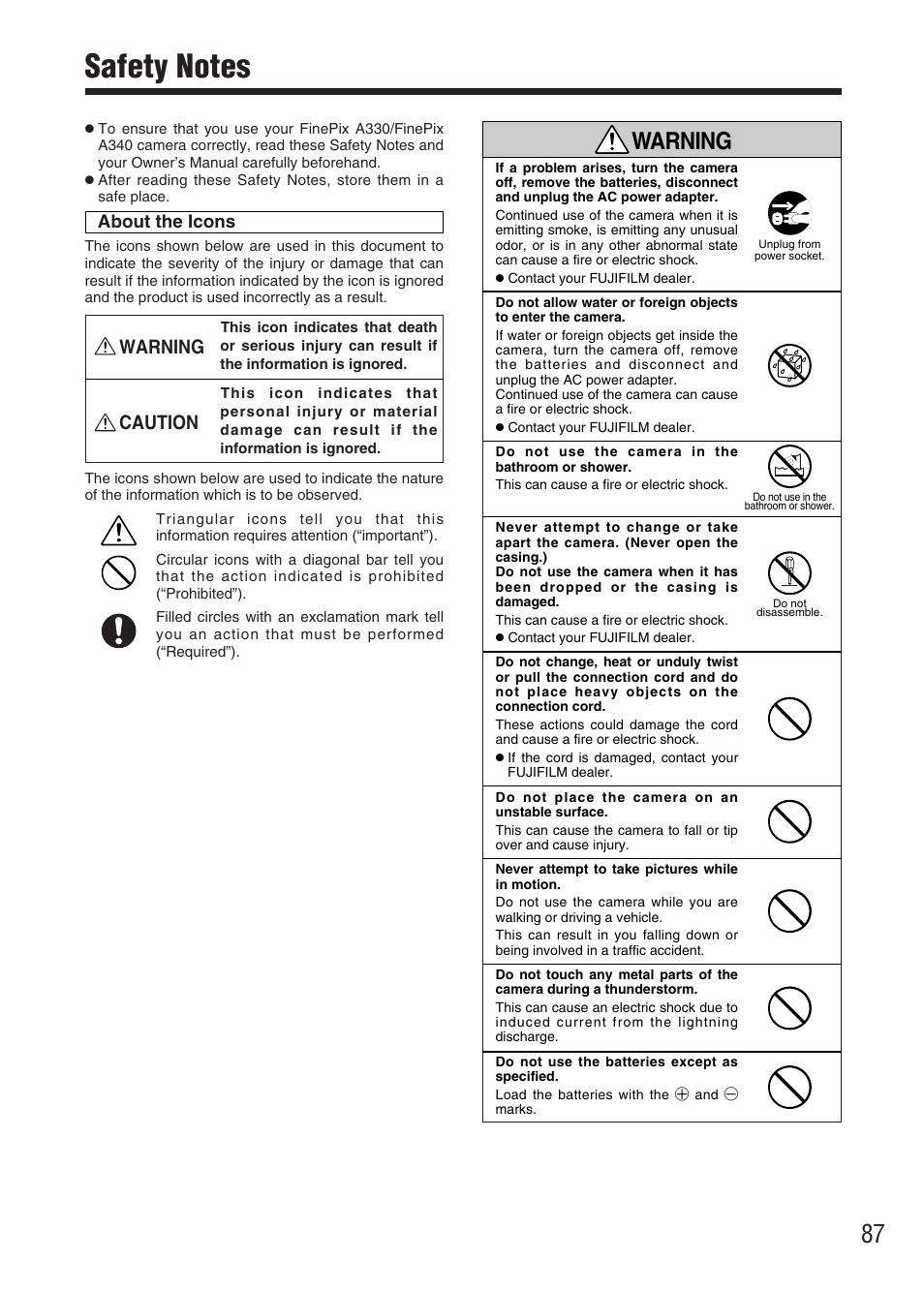 Warning, Caution | FujiFilm FinePix A340 User Manual | Page 88 / 93