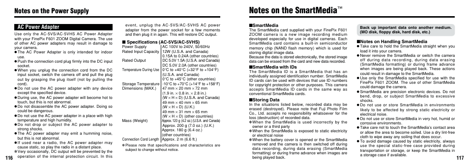 Ac power adapter | FujiFilm F601 User Manual | Page 59 / 69