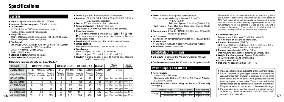 Specifications, Power supply and others input/output terminals, System | FujiFilm F601 User Manual | Page 64 / 69