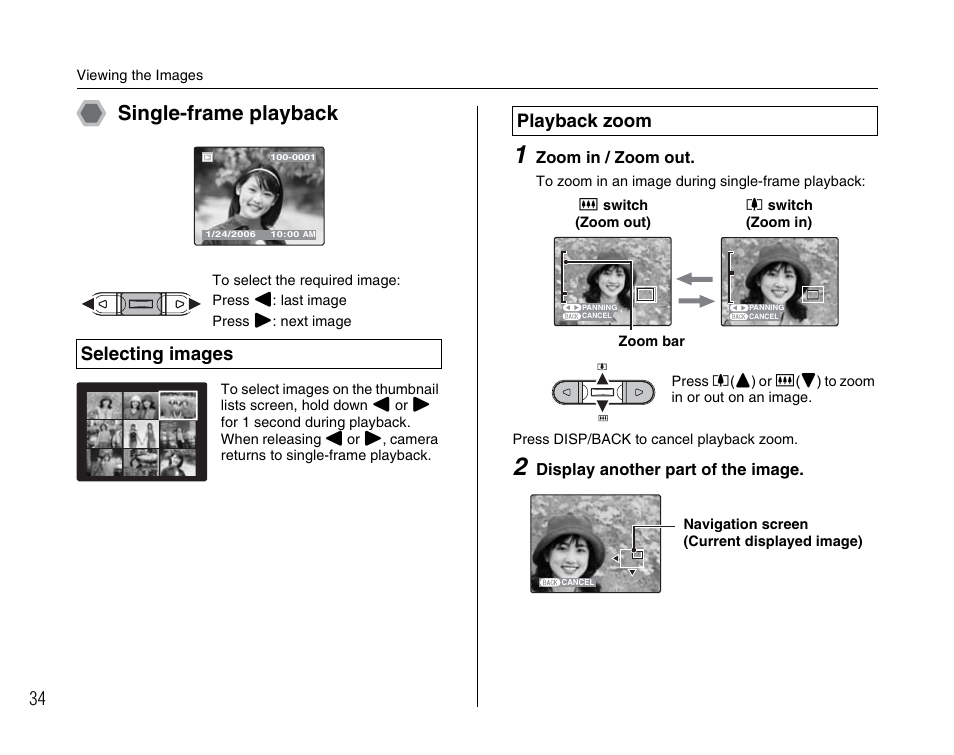 Single-frame playback, Selecting images, Playback zoom | FujiFilm A400 User Manual | Page 34 / 132