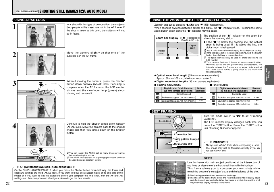 Shooting still images ( a auto mode) | FujiFilm FinePix A205S User Manual | Page 12 / 43
