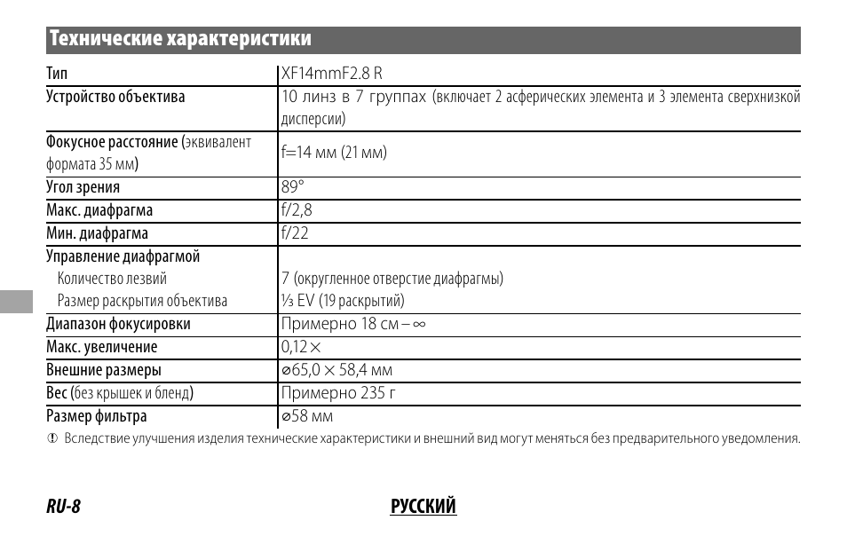 Технические характеристики | FujiFilm XF14MMF2.8 R User Manual | Page 80 / 128