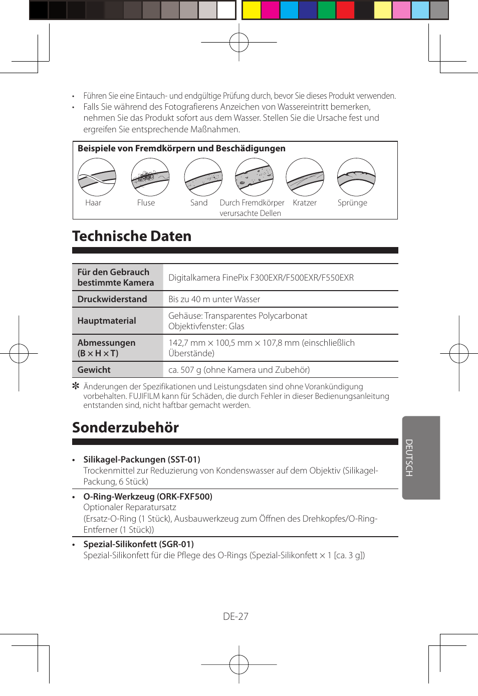 Technische daten, Sonderzubehör | FujiFilm WP-FXF500 User Manual | Page 111 / 140
