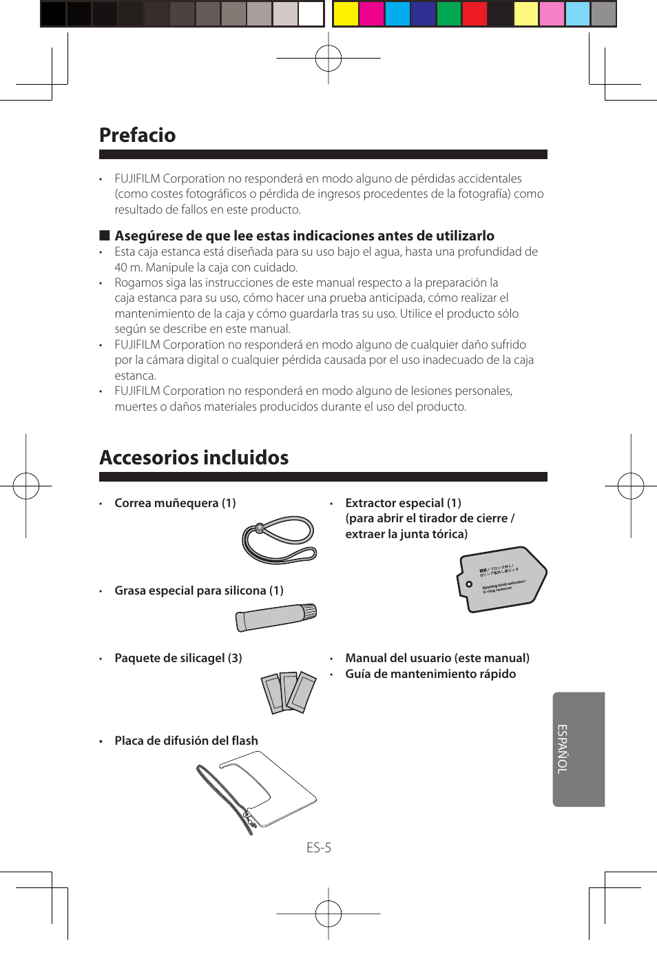 Prefacio, Accesorios incluidos | FujiFilm WP-FXF500 User Manual | Page 115 / 140
