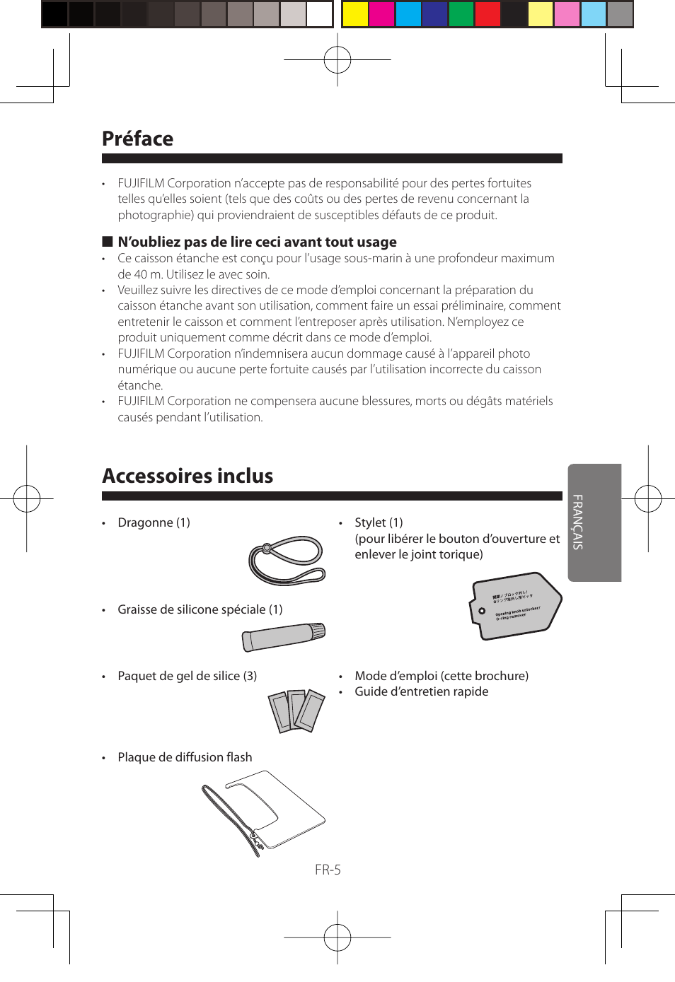 Préface, Accessoires inclus | FujiFilm WP-FXF500 User Manual | Page 63 / 140