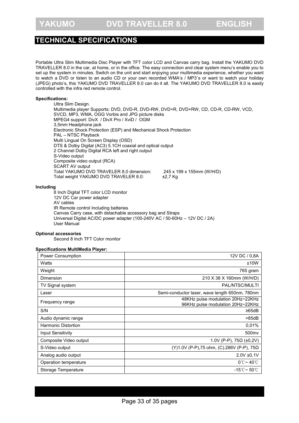 Yakumo dvd traveller 8.0 english, Technical specifications yakumo dvd traveller 8.0, Page 33 of 35 pages | FujiFilm Yakumo DVD Travelle User Manual | Page 37 / 40