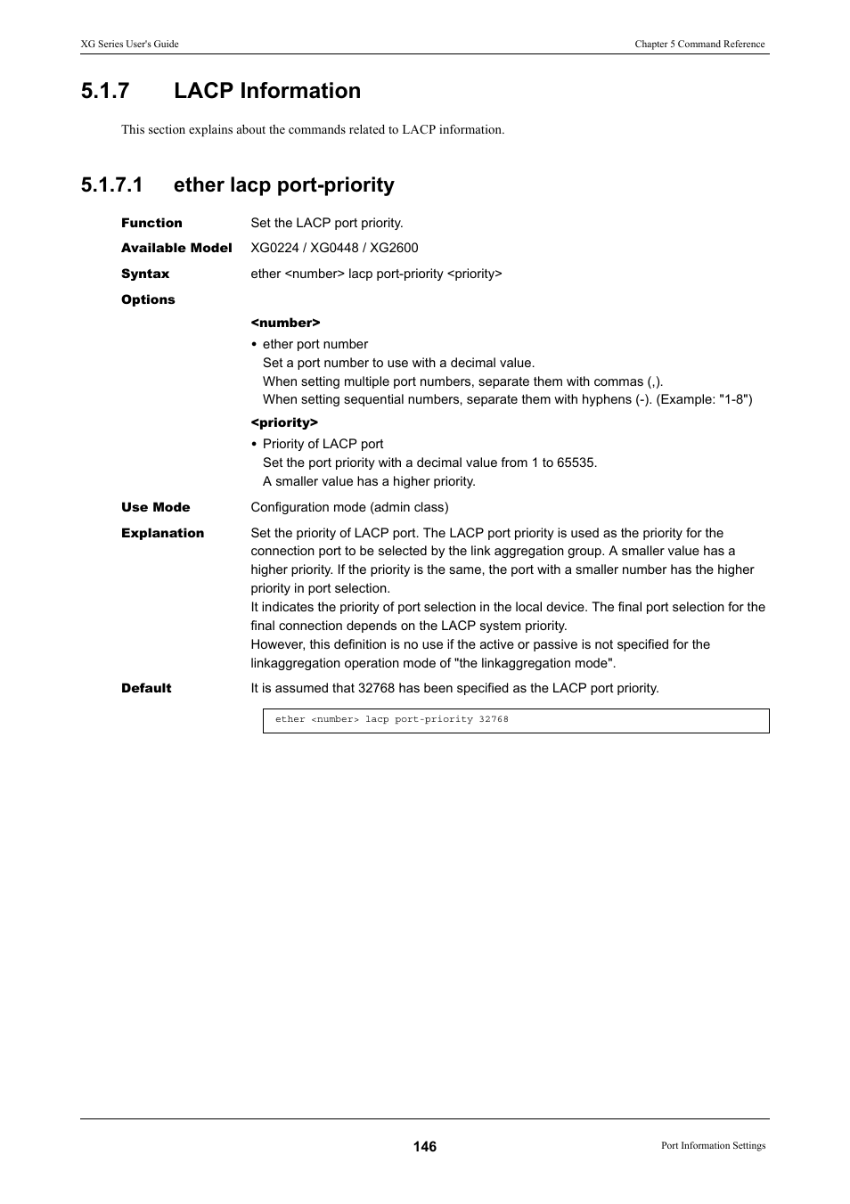 7 lacp information, 1 ether lacp port-priority, Lacp information 5.1.7.1 | Ether lacp port-priority, Lacp information | FUJITSU XG Series P3NK-4452-01ENZD User Manual | Page 146 / 614