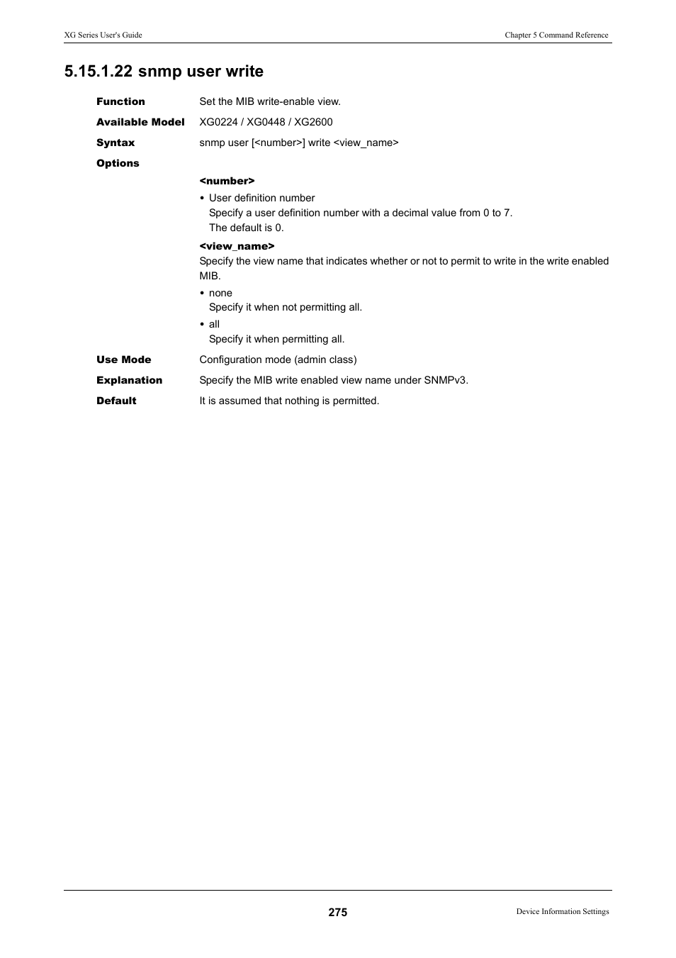 22 snmp user write | FUJITSU XG Series P3NK-4452-01ENZD User Manual | Page 275 / 614
