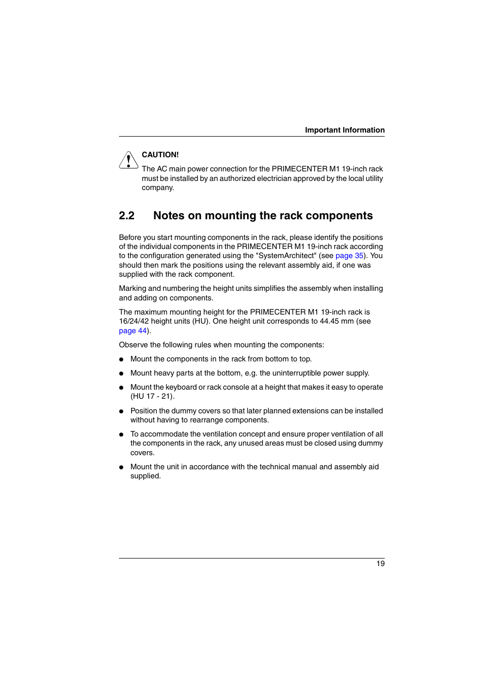 2 notes on mounting the rack components, Notes on mounting the rack components | FUJITSU Primecenter M1 BS2000 User Manual | Page 19 / 117