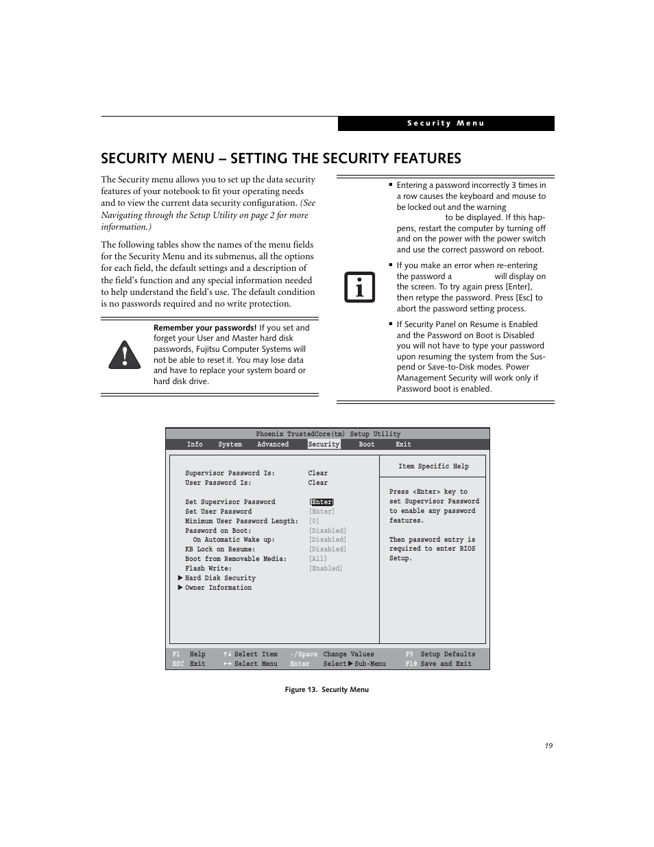 Security menu - setting the security features, Security menu – setting the security features | FUJITSU A6110 User Manual | Page 19 / 25