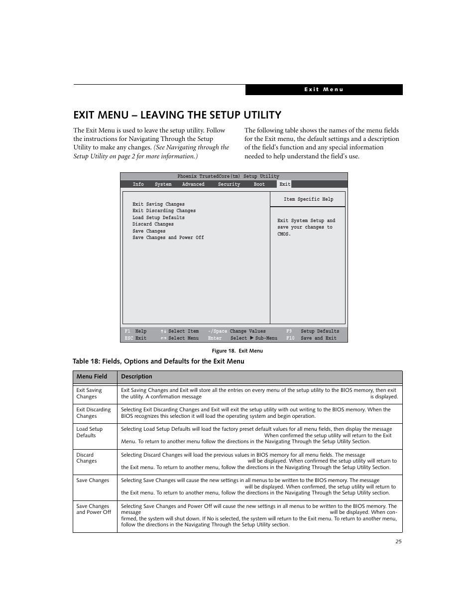 Exit menu - leaving the setup utility, Exit menu – leaving the setup utility | FUJITSU A6110 User Manual | Page 25 / 25