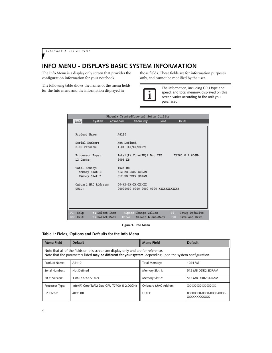 Info menu - displays basic system information | FUJITSU A6110 User Manual | Page 4 / 25