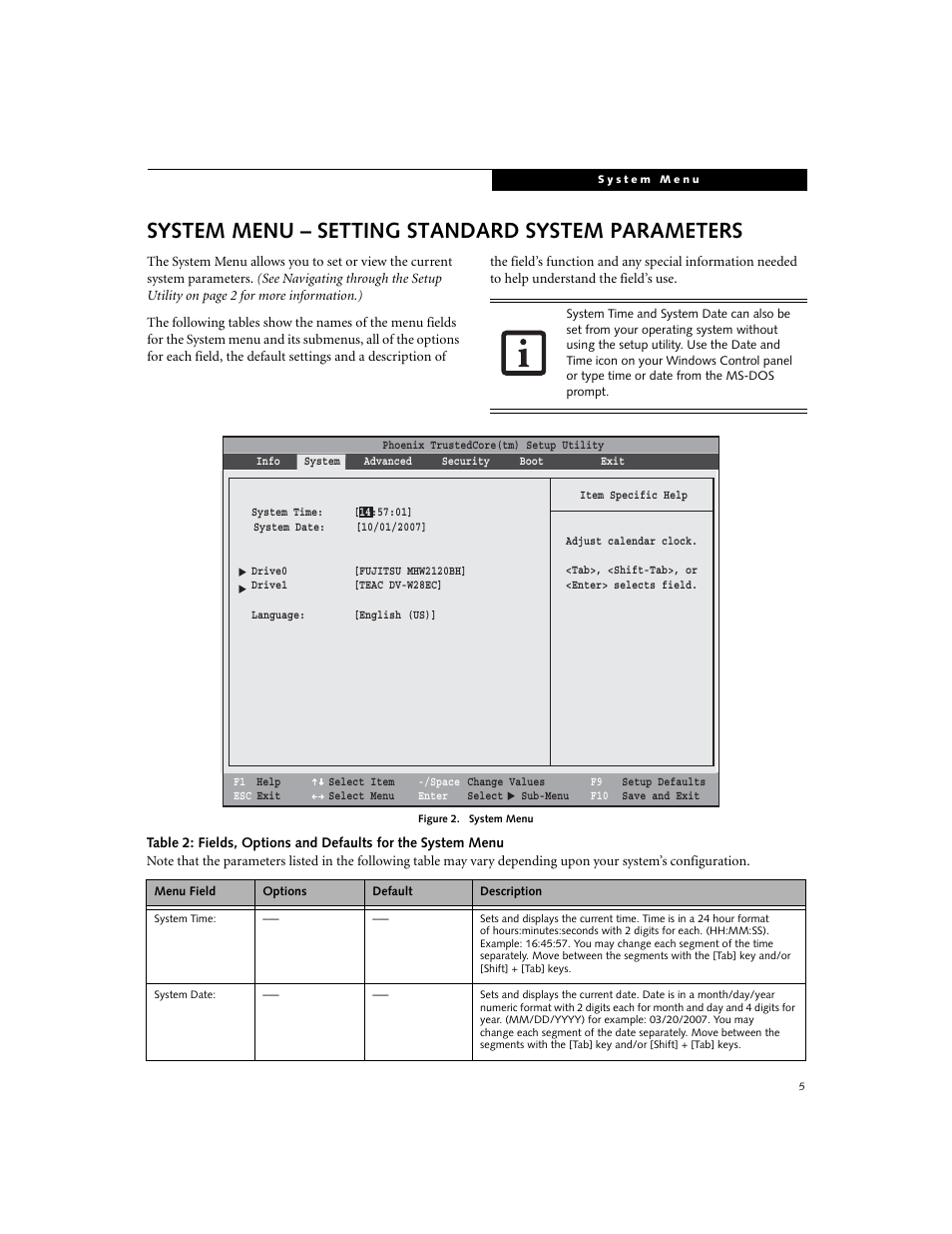 System menu - setting standard system parameters, System menu – setting standard system parameters | FUJITSU A6110 User Manual | Page 5 / 25