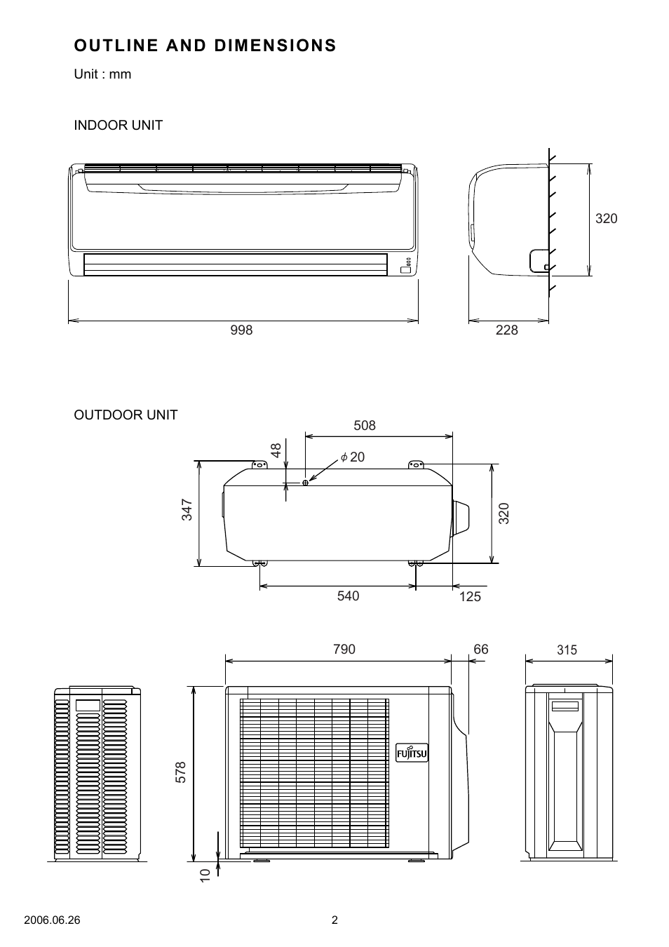 Outline and dimensions | FUJITSU AOYR24LCC User Manual | Page 3 / 24