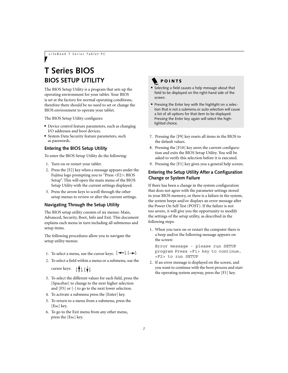 Bios setup utility, Entering the bios setup utility, Navigating through the setup utility | T series bios | FUJITSU T3010 User Manual | Page 2 / 26