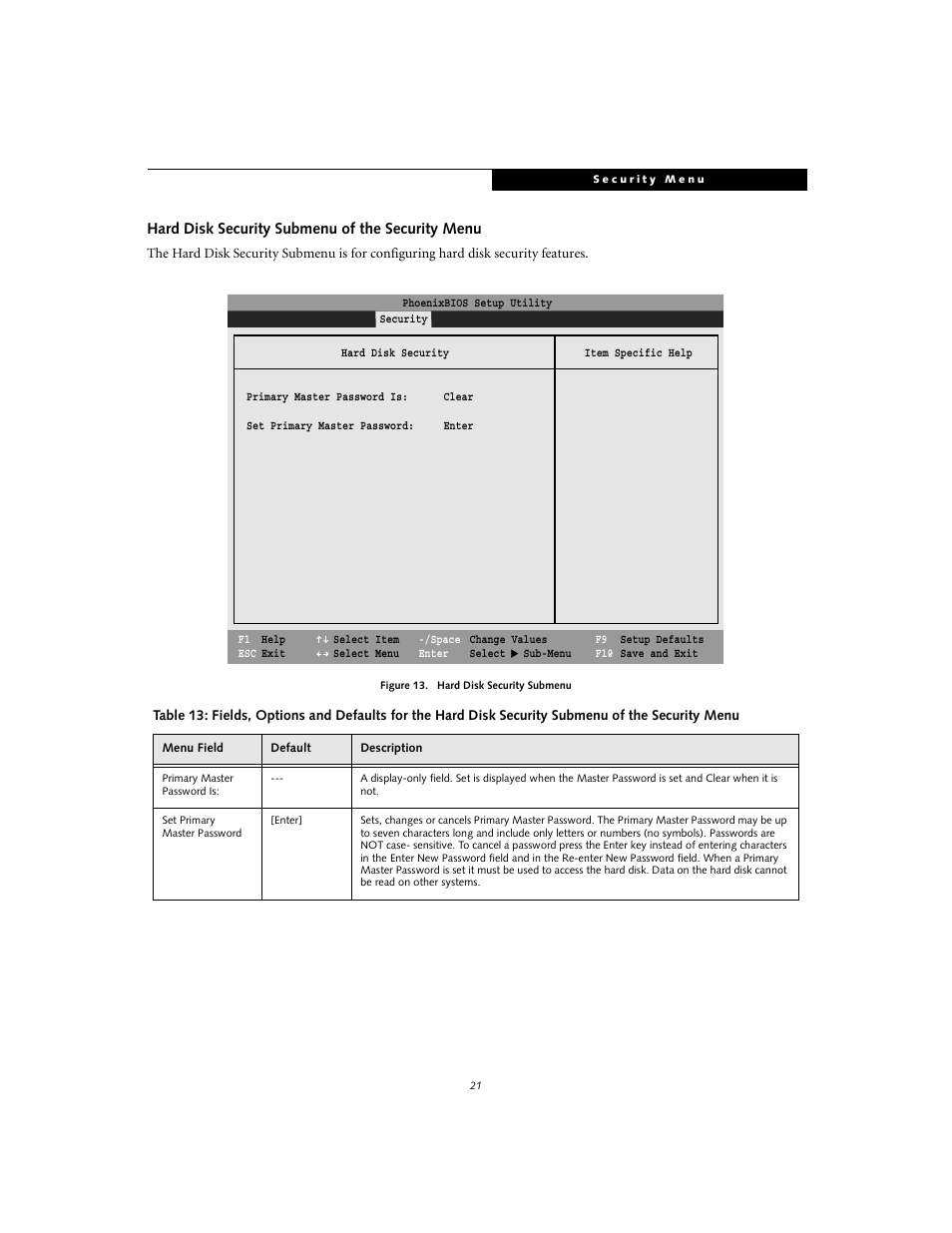 Hard disk security submenu of the security menu | FUJITSU T3010 User Manual | Page 21 / 26