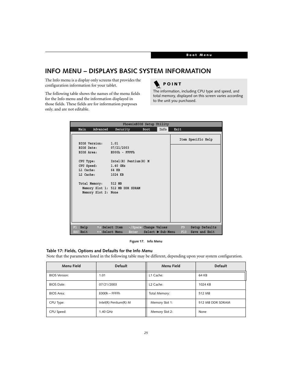 Info menu - displays basic system information, Info menu – displays basic system information | FUJITSU T3010 User Manual | Page 25 / 26