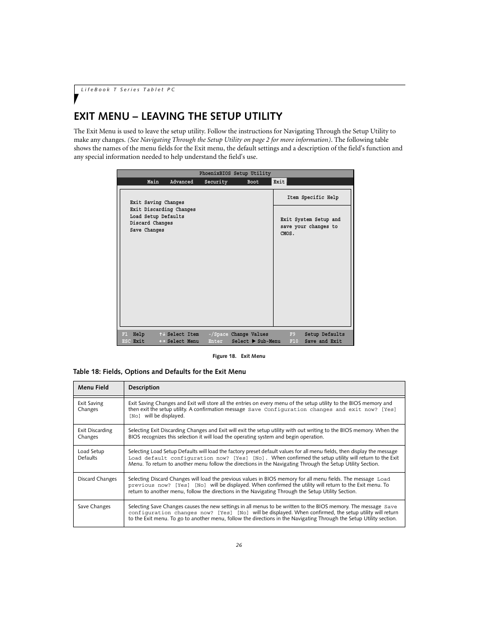Exit menu - leaving the setup utility, Exit menu – leaving the setup utility | FUJITSU T3010 User Manual | Page 26 / 26