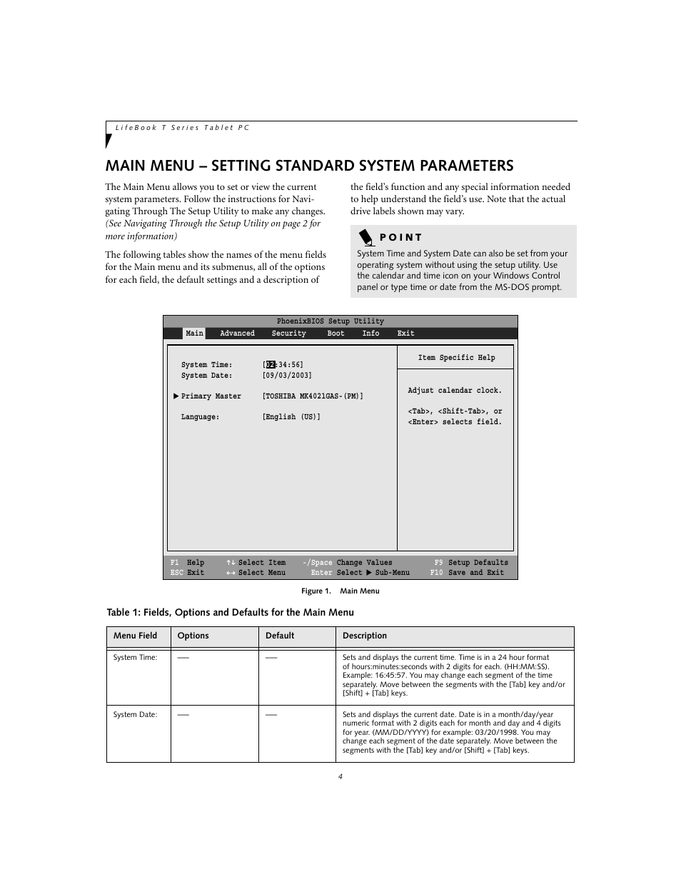 Main menu - setting standard system parameters, Main menu – setting standard system parameters | FUJITSU T3010 User Manual | Page 4 / 26