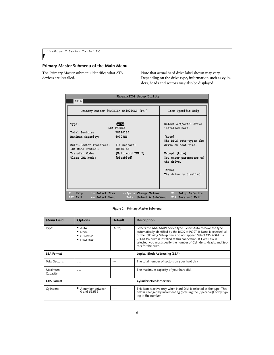 Primary master submenu of the main menu | FUJITSU T3010 User Manual | Page 6 / 26