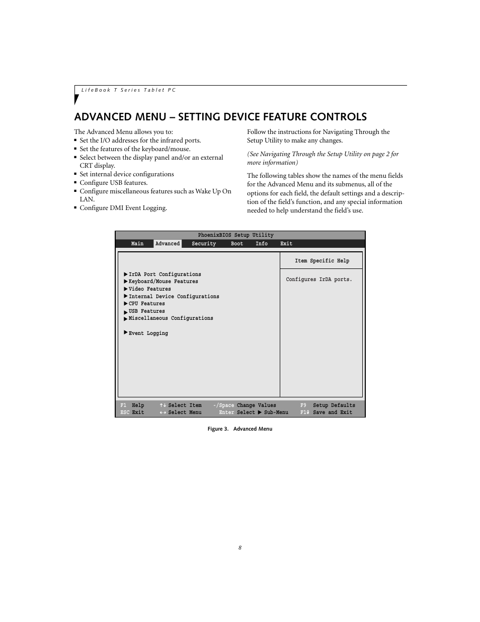 Advanced menu - setting device feature controls, Advanced menu – setting device feature controls | FUJITSU T3010 User Manual | Page 8 / 26