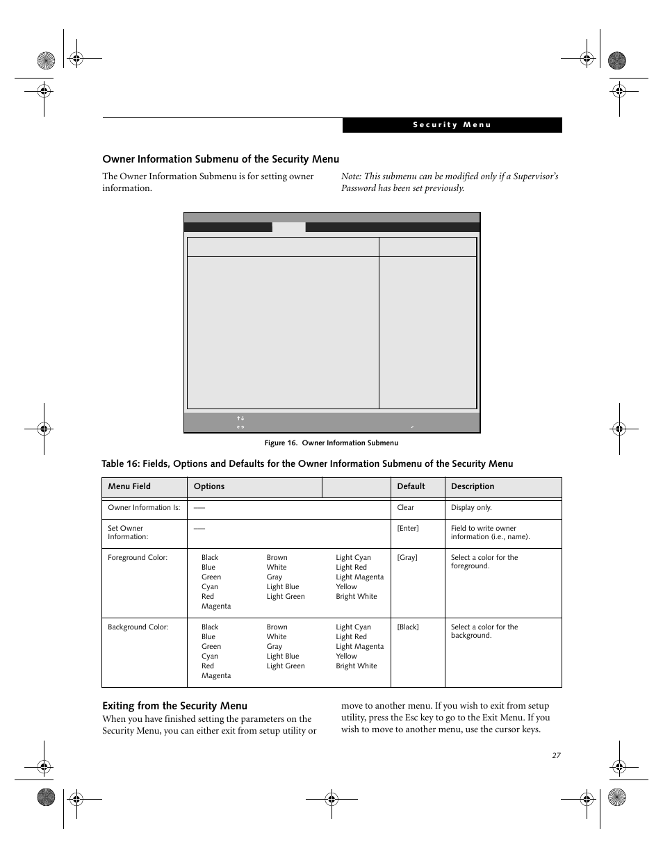 Owner information submenu of the security menu, Exiting from the security menu | FUJITSU C-7661 User Manual | Page 27 / 36