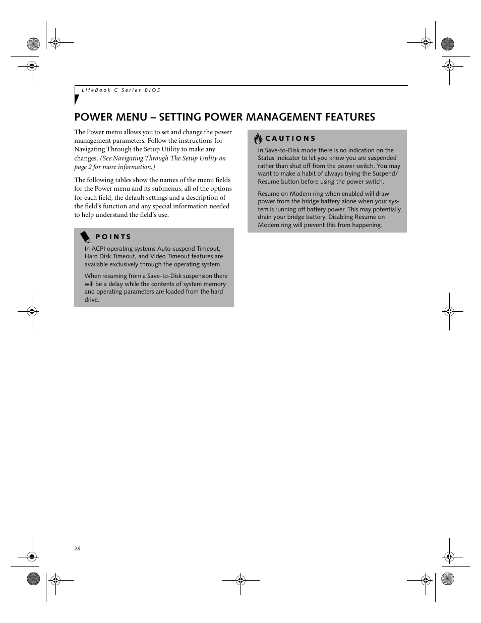 Power menu – setting power management features | FUJITSU C-7661 User Manual | Page 28 / 36