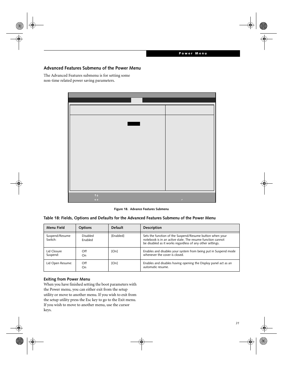 Advanced features submenu of the power menu | FUJITSU C-7661 User Manual | Page 31 / 36