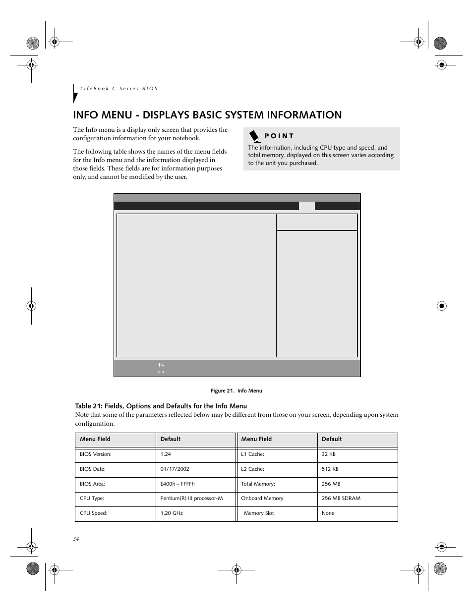 Info menu - displays basic system information | FUJITSU C-7661 User Manual | Page 34 / 36