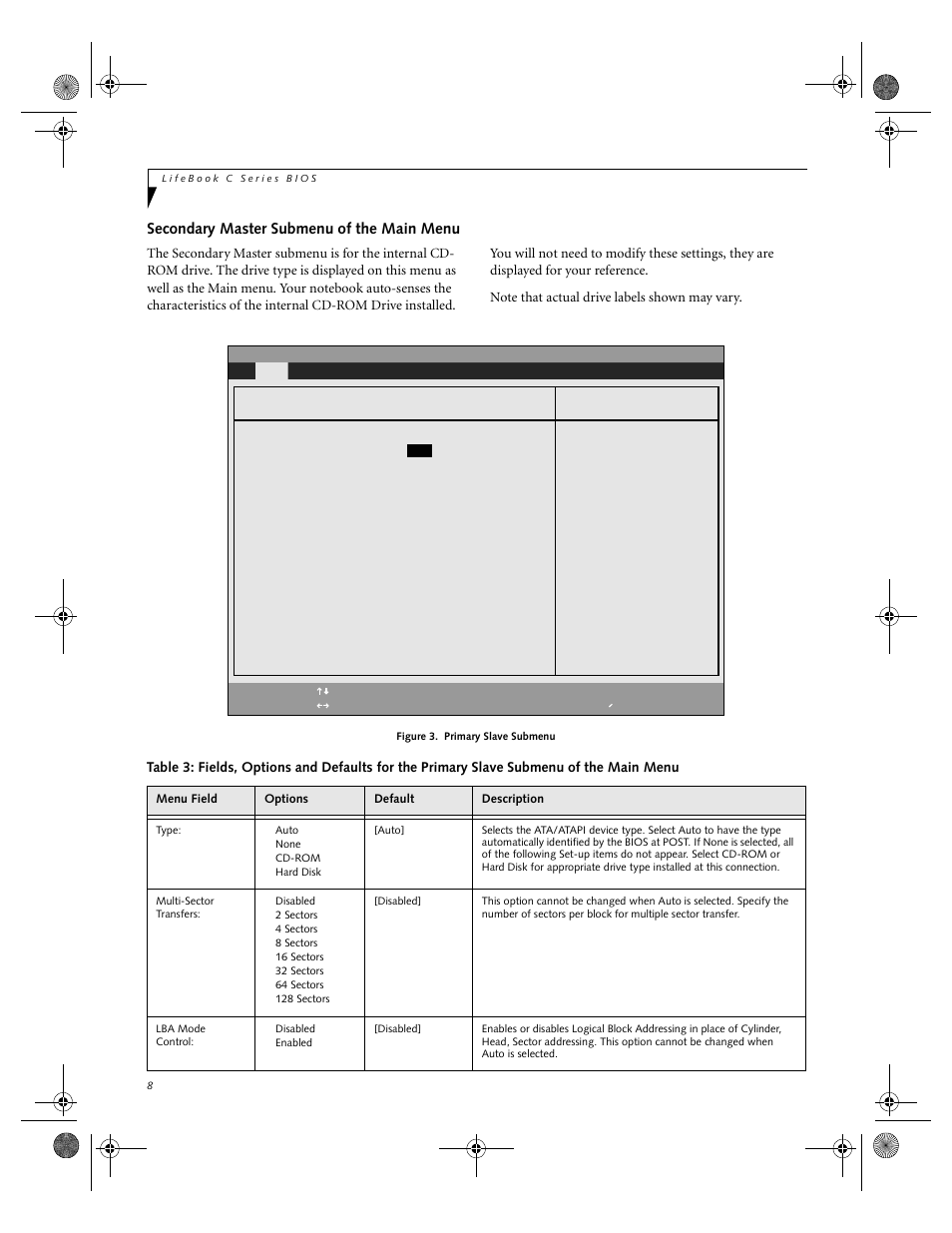 Secondary master submenu of the main menu | FUJITSU C-7661 User Manual | Page 8 / 36