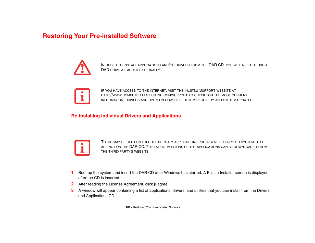 Restoring your pre-installed software, Re-installing individual drivers and applications | FUJITSU LIFEBOOK U810 User Manual | Page 101 / 176