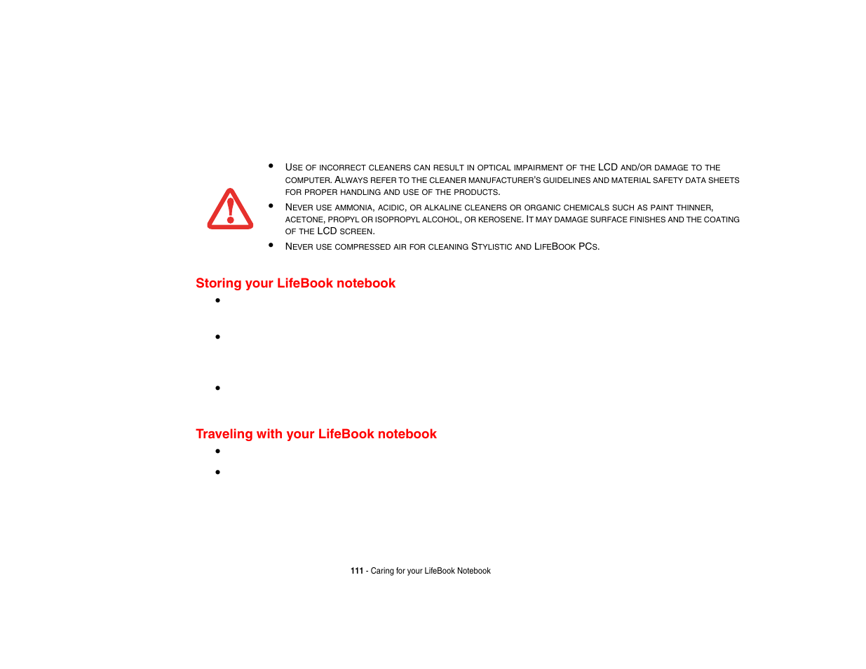 Storing your lifebook notebook, Traveling with your lifebook notebook | FUJITSU LIFEBOOK U810 User Manual | Page 111 / 176