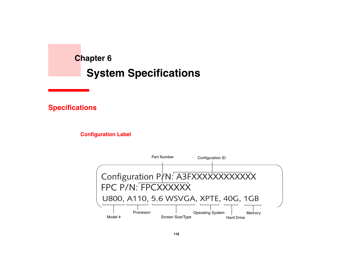 System specifications, Specifications, Configuration label | Chapter 6 | FUJITSU LIFEBOOK U810 User Manual | Page 116 / 176