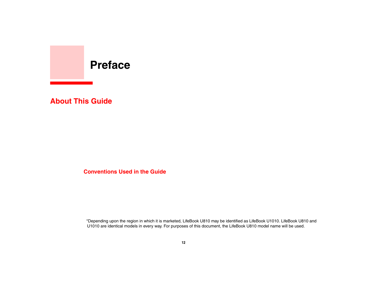 Preface, About this guide, Conventions used in the guide | FUJITSU LIFEBOOK U810 User Manual | Page 12 / 176