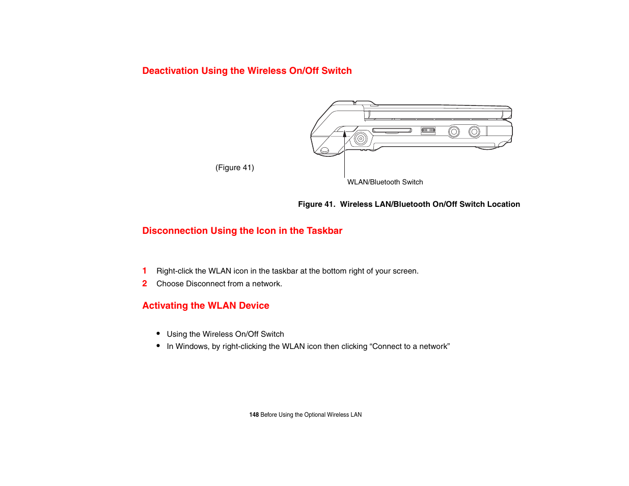 Deactivation using the wireless on/off switch, Disconnection using the icon in the taskbar, Activating the wlan device | FUJITSU LIFEBOOK U810 User Manual | Page 148 / 176