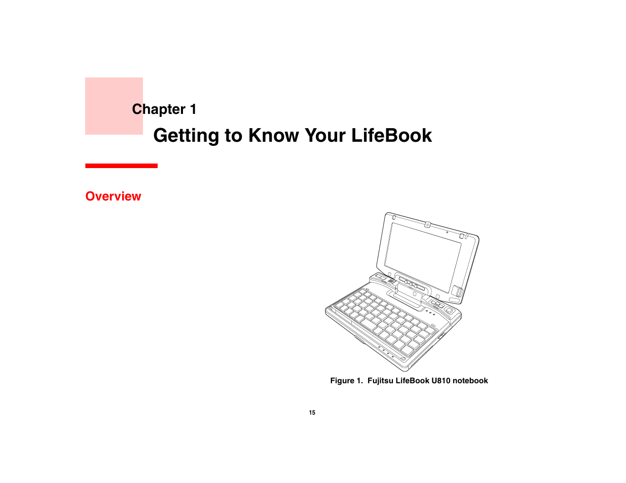 Getting to know your lifebook, Overview, Chapter 1 | FUJITSU LIFEBOOK U810 User Manual | Page 15 / 176