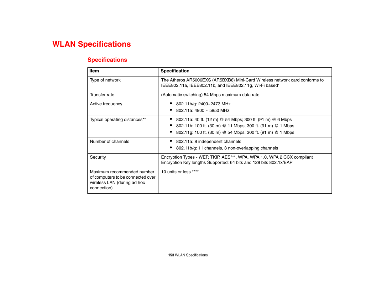 Wlan specifications, Specifications | FUJITSU LIFEBOOK U810 User Manual | Page 153 / 176