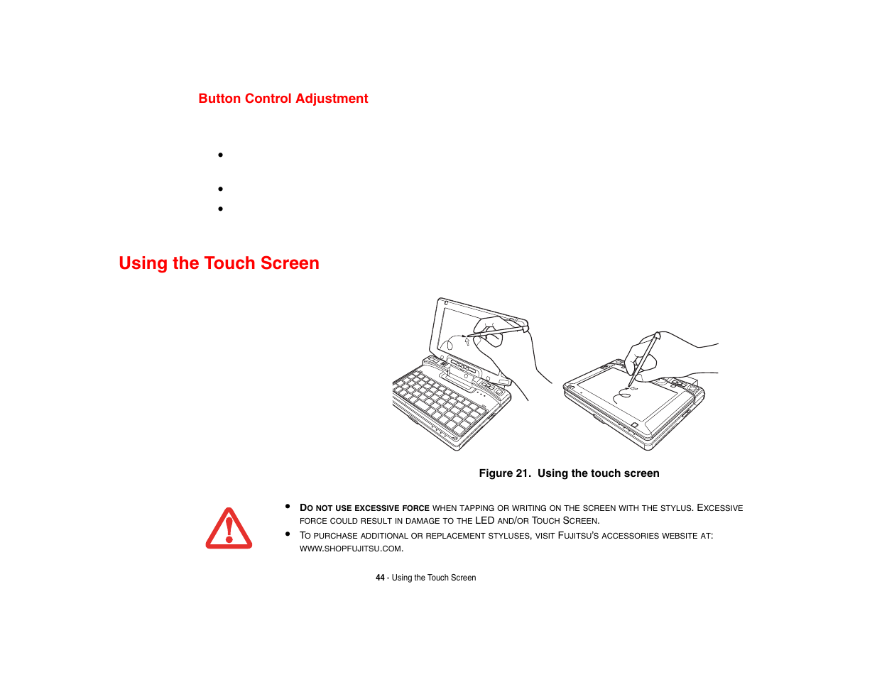 Button control adjustment, Using the touch screen | FUJITSU LIFEBOOK U810 User Manual | Page 44 / 176