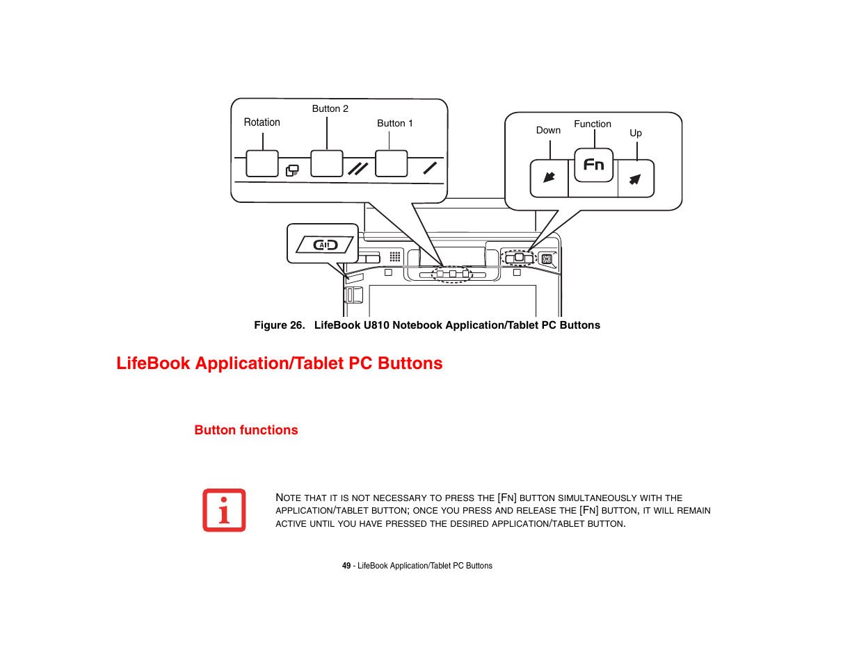 Lifebook application/tablet pc buttons, Button functions | FUJITSU LIFEBOOK U810 User Manual | Page 49 / 176