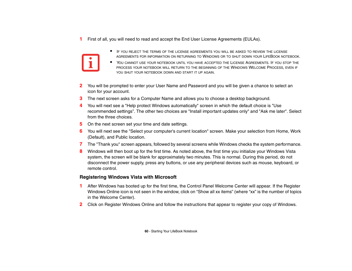 Registering windows vista with microsoft 1 | FUJITSU LIFEBOOK U810 User Manual | Page 60 / 176