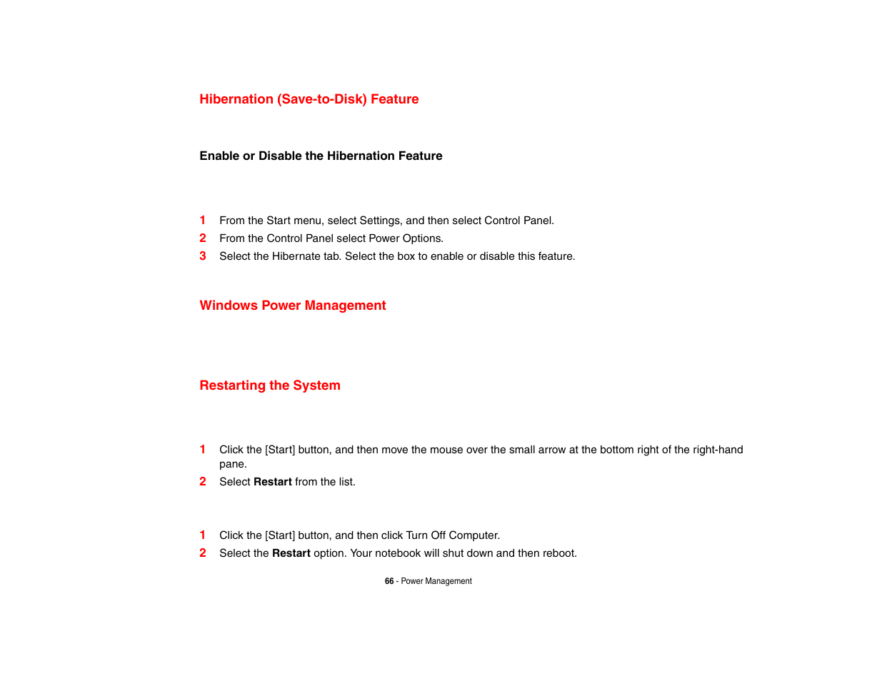 Hibernation (save-to-disk) feature, Windows power management, Restarting the system | FUJITSU LIFEBOOK U810 User Manual | Page 66 / 176