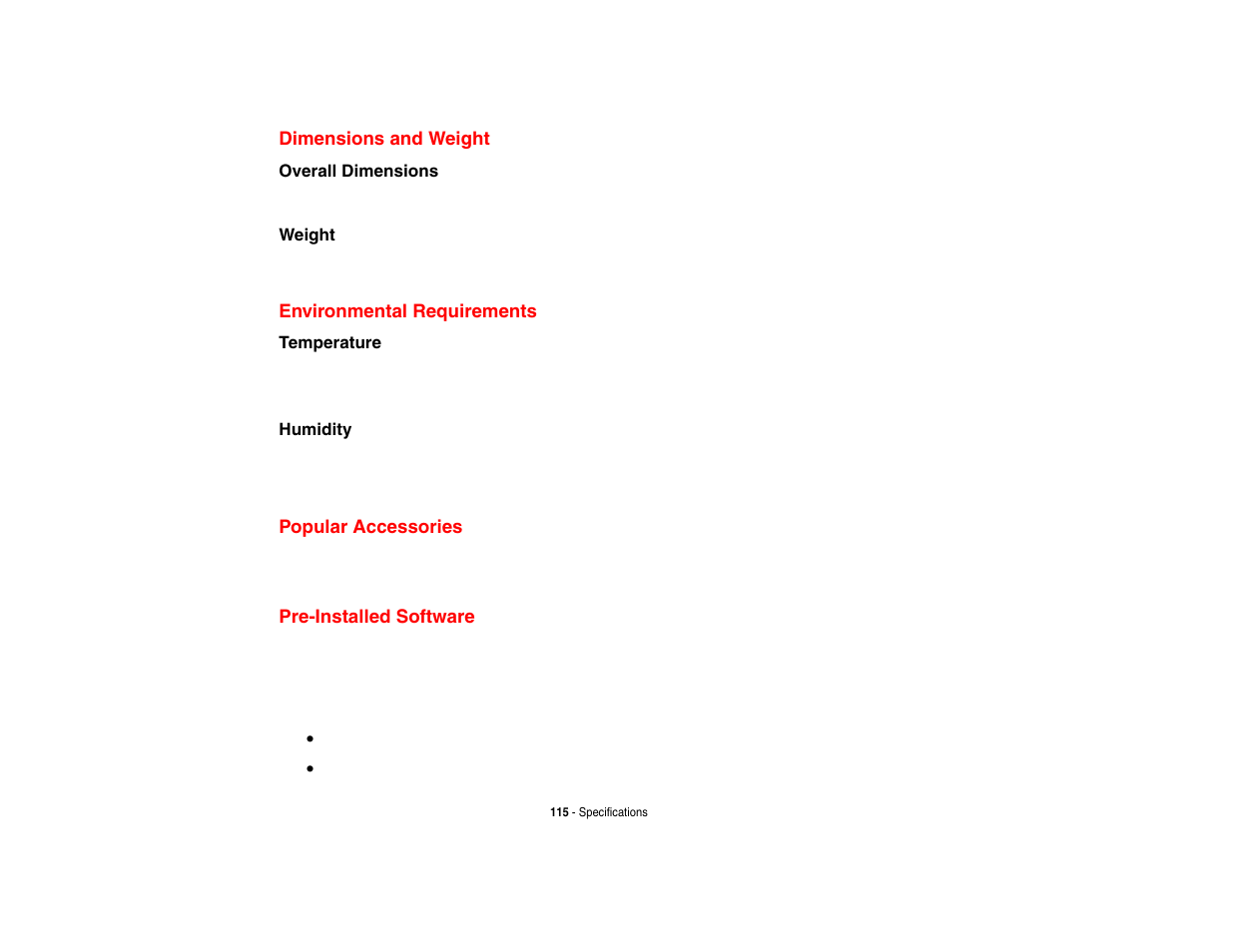 Dimensions and weight, Environmental requirements, Popular accessories | Pre-installed software | FUJITSU V1010 User Manual | Page 120 / 162