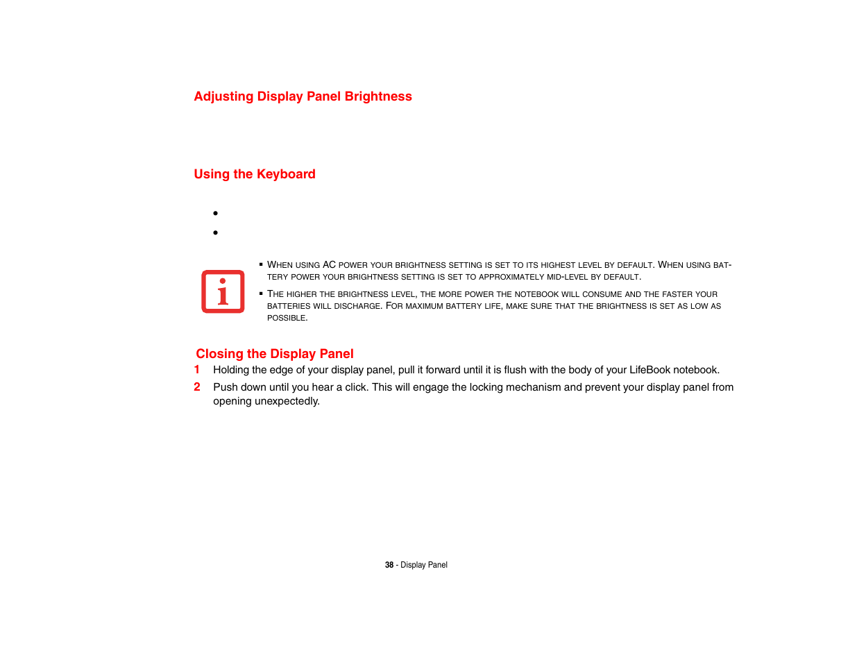 Adjusting display panel brightness, Using the keyboard, Closing the display panel | FUJITSU V1010 User Manual | Page 43 / 162